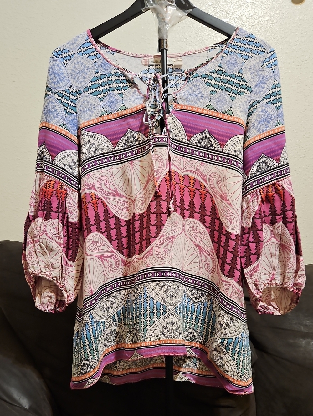 Bohemian Paisley Tie-Neck Blouse in Pink and Purple